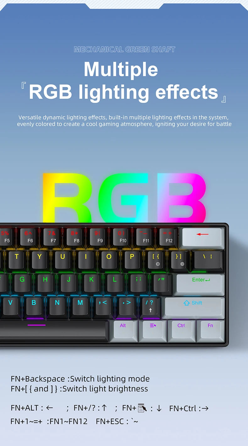 K61 60% Mechanical Keyboard Wired RGB, 61 Keys Mini Gaming Keyboard, Phantom RGB, Red/Blue Switch, Ergonomic, Portable for Gamer